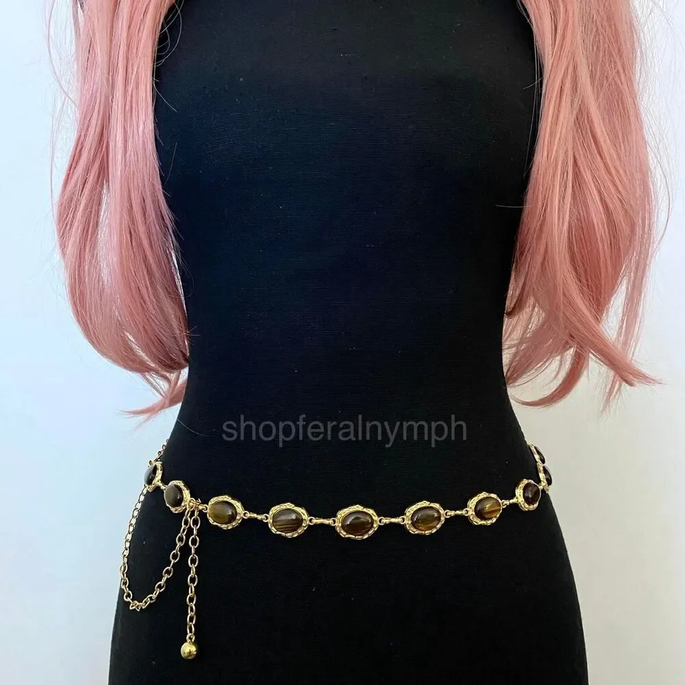 Gold Tiger Eye Faux Stone Western Boho Chain Belt, Fits 16-38 Inches, X7GA1412